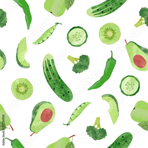 Seamless pattern with watercolor green vegetables and fruits.