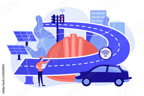 Building engineer and smart road using sensors and solar energy. Smart roads construction, smart highway technology, IoT city technology abstract concept. Vector metaphor abstract illustration.