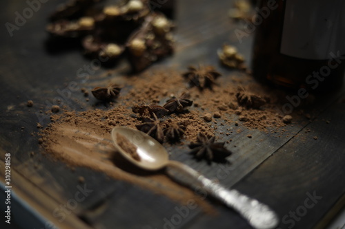 Chocolate on wooden desk spice