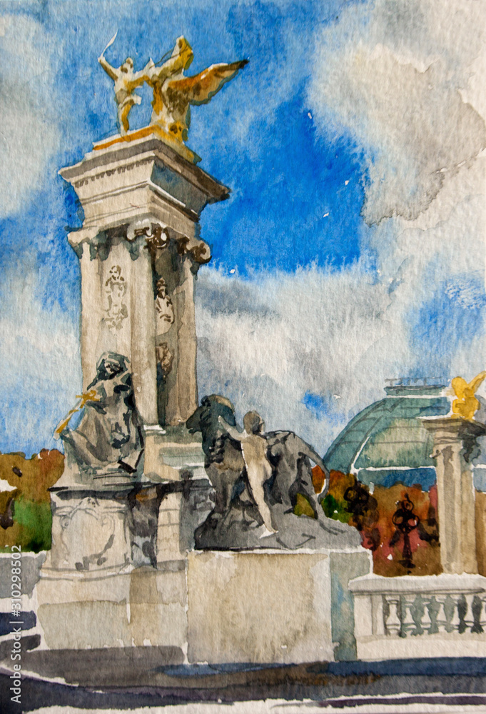 Paris, Pont Alexandre III with sculptures and columns, original watercolor landscape, France