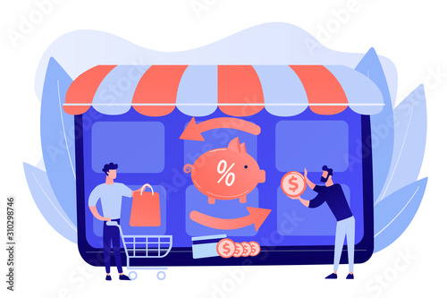 Cost saving. Online payment. Money transfer. Financial savings. Cashback service, online cashback extension, get your cashback reward concept. Pink coral blue vector isolated illustration