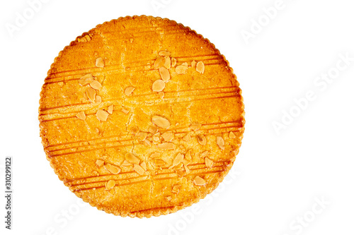 Single traditional round butter french biscuit top view white background
