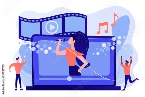 Huge laptop with famous singer performing on screen and tiny people dancing. Music video, official music video, video clip production concept. Pinkish coral bluevector isolated illustration