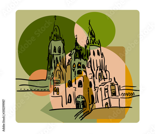 Santiago de Compostela in cubism style in beige and green colors