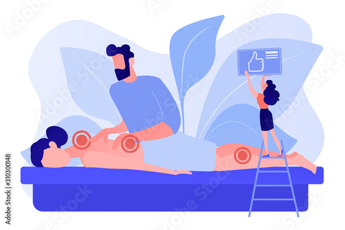 Medical spa procedure. Health care. Body pain and stress curing. Professional massage therapy, spa therapy services, treatment of body concept. Pinkish coral bluevector vector isolated illustration
