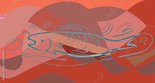 Fish in cubism style. Pastel colors. Red background. Vector