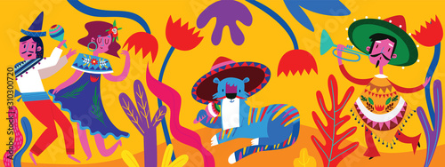 Mexican modern banner with mexican characters in flat hand drawn style. Part 1.Characters for celebration, national patterns,fiesta and decoration