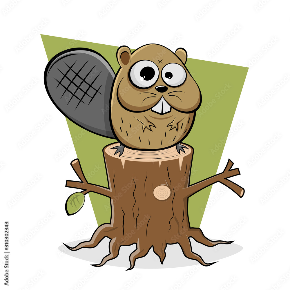 funny cartoon illustration of a beaver sitting on a tree stump - obrazy, fototapety, plakaty 