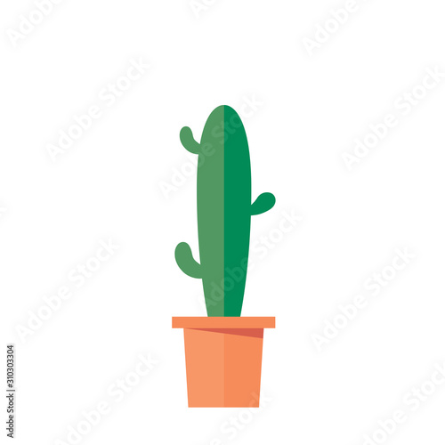 Tall and thin friendly cactus in an orange pot with three arms without spikes. Flat design illustration.