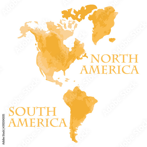 Vector watercolor illustration of world map painted in sephia ink color