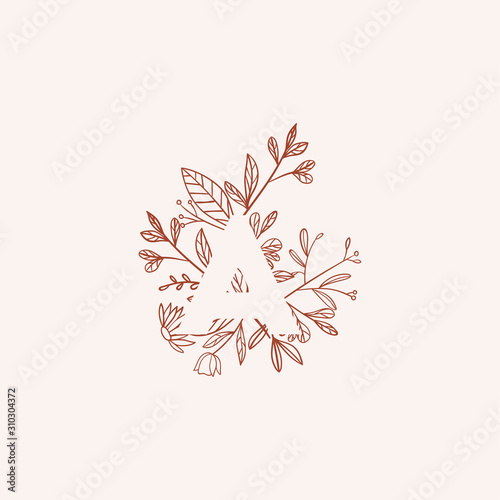 Negative space letter with flowers vector illustration. Isolated letter A made of flowers in elegant style. Outline of the first letter of alphabet with thin floral background