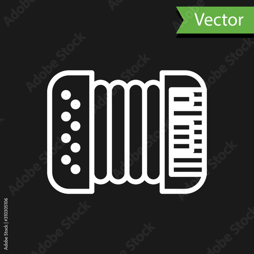 White line Musical instrument accordion icon isolated on black background. Classical bayan, harmonic. Vector Illustration