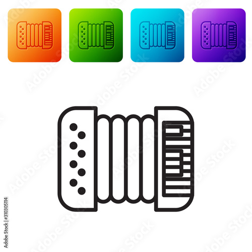 Black line Musical instrument accordion icon isolated on white background. Classical bayan, harmonic. Set icons in color square buttons. Vector Illustration