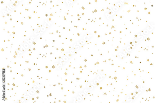 Christmas background, New Year background with snowflakes. Golden snowflakes on white. Xmas winter decoration. Golden texture. Snow pattern. Wrapping gift paper