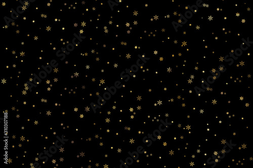 Christmas background, New Year background with snowflakes. Golden snowflakes on black. Xmas winter decoration. Golden texture. Snow pattern. Wrapping gift paper