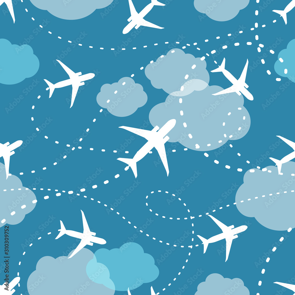 Airplanes with trajectories in blue sky with clouds seamless pattern in trendy minimalist style. Airplanes with trajectories in blue sky with clouds seamless pattern in trendy minimalist style.