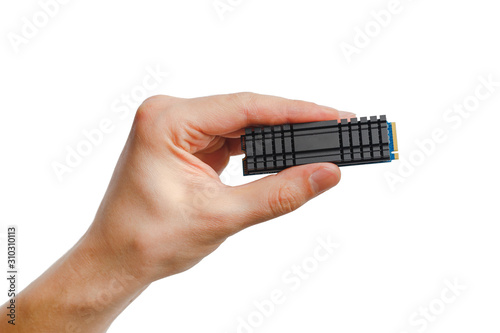 ssd nvme m2 drive in hand, isolated on white