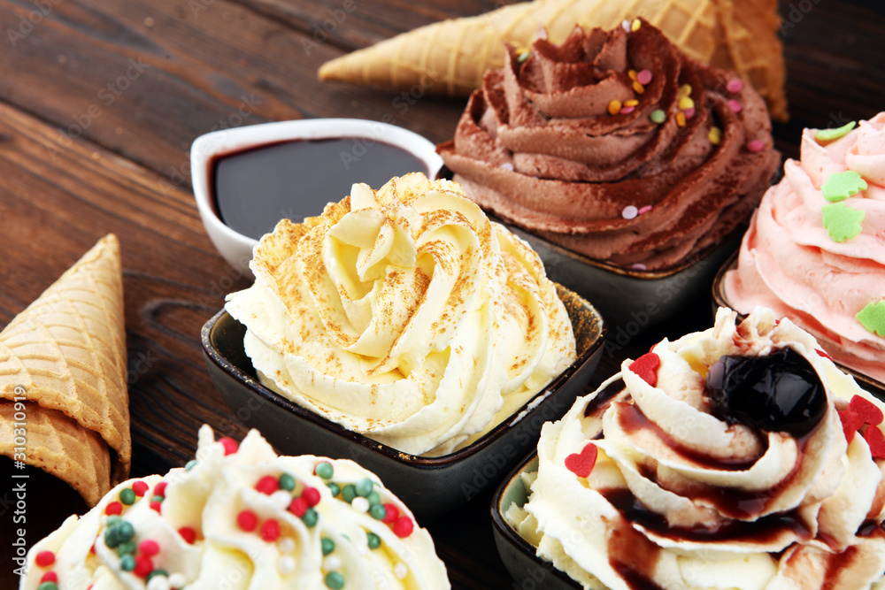 soft ice cream in flavor vanilla, chocolate and strawberry. Delicous creamy refreshing ice cream soft ice cream in flavor vanilla, chocolate and strawberry. Delicous creamy refreshing ice cream