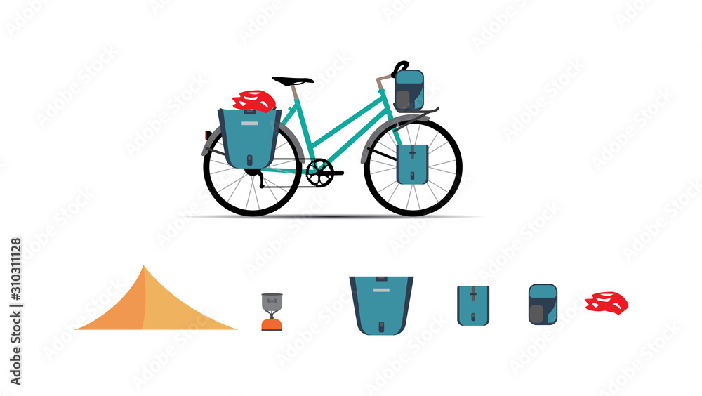 Vector set of touring bikes with saddlebag, frame bag, handlebar bag and tent. Road racing bicycles with bikepacking gear. Flat style design. Folding stove for ultralight backpacking. Vector set of touring bikes with saddlebag, frame bag, handlebar bag and tent. Road racing bicycles with bikepacking gear. Flat style design. Folding stove for ultralight backpacking.