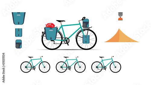 Vector set of touring bikes with saddlebag, frame bag, handlebar bag and tent. Road racing bicycles with bikepacking gear. Flat style design. Folding stove for ultralight backpacking.