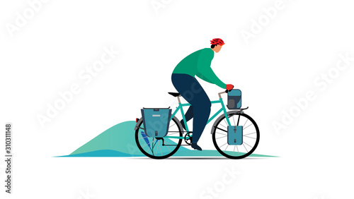 Vector set of touring bikes with saddlebag, frame bag, handlebar bag and tent. Road racing bicycles with bikepacking gear. Flat style design. Folding stove for ultralight backpacking.