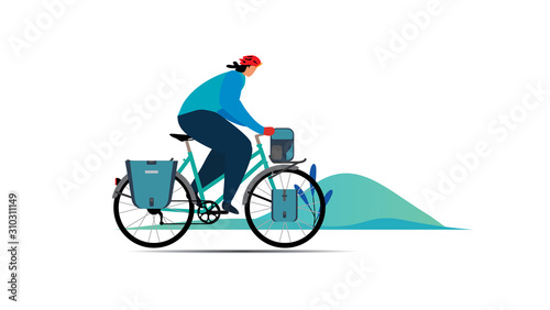 Vector set of touring bikes with saddlebag, frame bag, handlebar bag and tent. Road racing bicycles with bikepacking gear. Flat style design. Folding stove for ultralight backpacking.