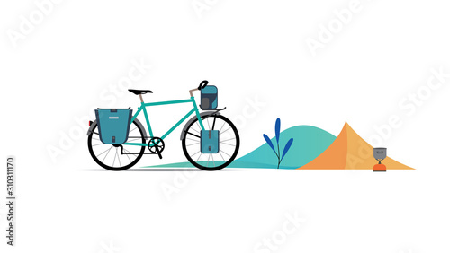 Vector set of touring bikes with saddlebag, frame bag, handlebar bag and tent. Road racing bicycles with bikepacking gear. Flat style design. Folding stove for ultralight backpacking.