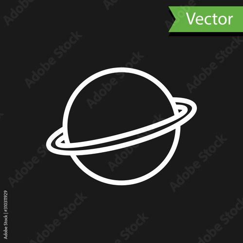 White line Planet Saturn with planetary ring system icon isolated on black background. Vector Illustration