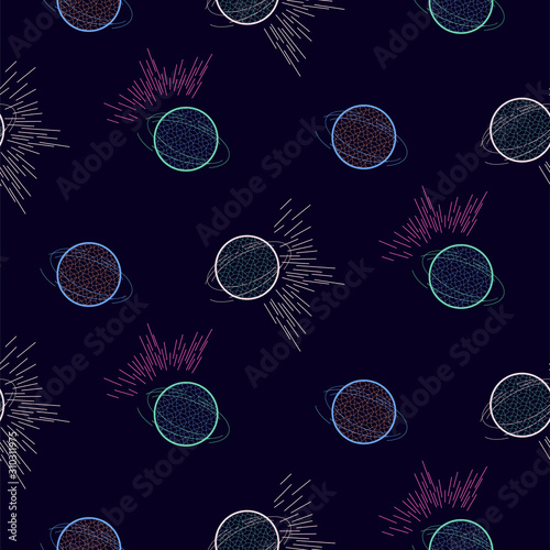 Blue planets galaxy seamless vector pattern background with stars and cosmic stardust shapes.