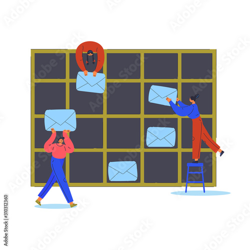 Tiny young man and women with giant letters sorting mail.Cartoon characters isolated on white background.Organize emai concept.Flat color vector illustration.Teamwork and poster with lettering.
