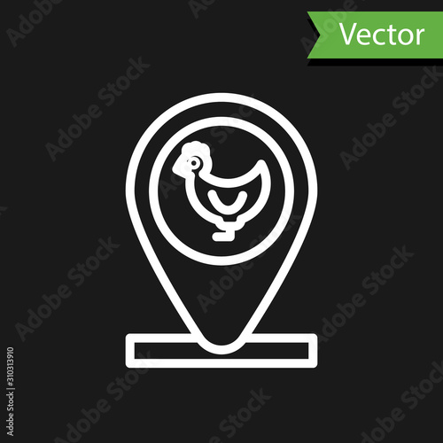 White line Chicken farm and location icon isolated on black background. Vector Illustration