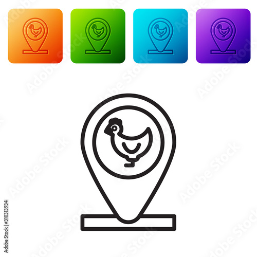Black line Chicken farm and location icon isolated on white background. Set icons in color square buttons. Vector Illustration