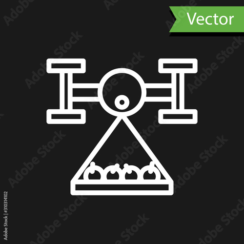 White line Smart farm with drone control collects harvest icon isolated on black background. Innovation technology for agricultural company. Vector Illustration