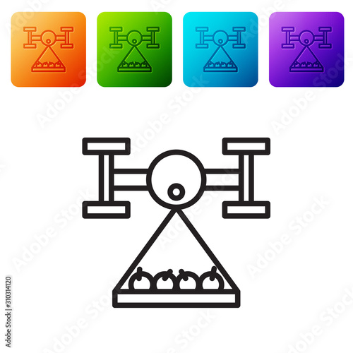 Black line Smart farm with drone control collects harvest icon isolated on white background. Innovation technology for agricultural company. Set icons in color square buttons. Vector Illustration