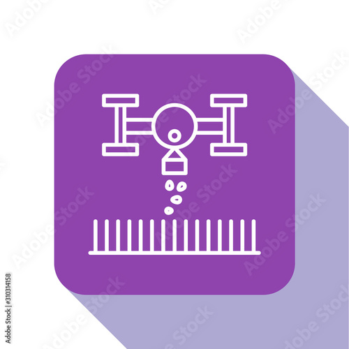 White line Smart farm with drone control for seed planting icon isolated on white background. Innovation technology for agricultural company. Purple square button. Vector Illustration