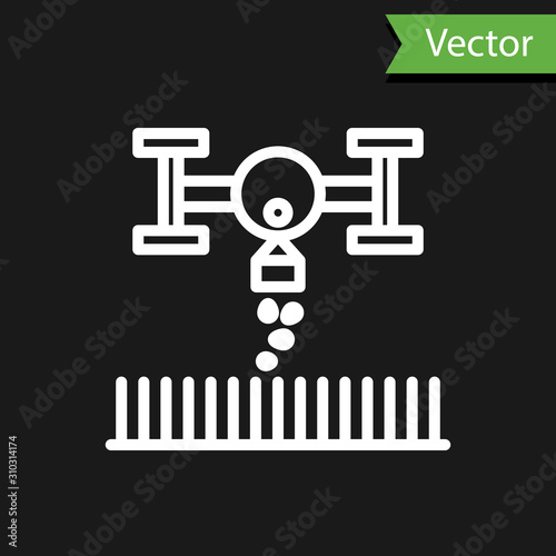 White line Smart farm with drone control for seed planting icon isolated on black background. Innovation technology for agricultural company. Vector Illustration