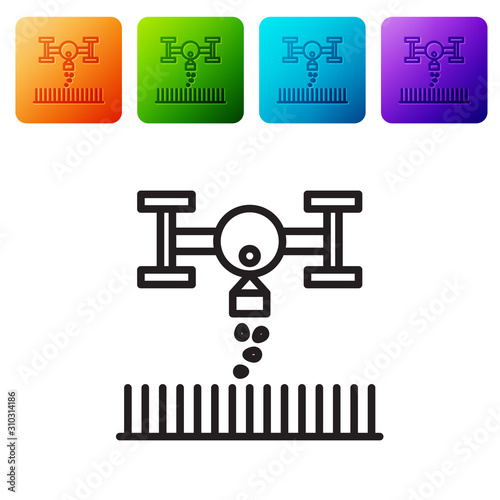 Black line Smart farm with drone control for seed planting icon isolated on white background. Innovation technology for agricultural company. Set icons in color square buttons. Vector Illustration