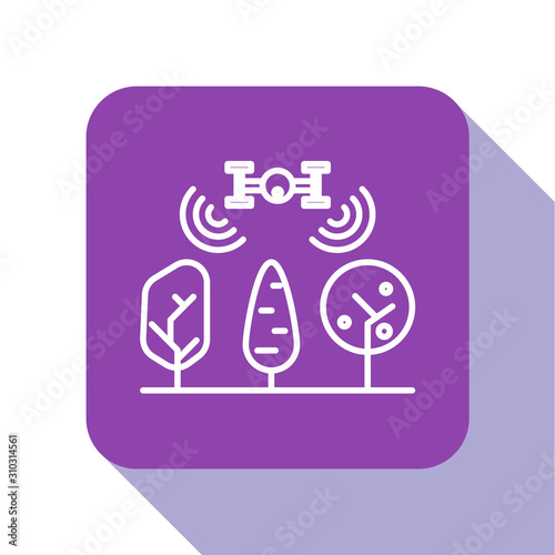 White line Smart farm with drone control and tree icon isolated on white background. Innovation technology for agricultural company. Purple square button. Vector Illustration