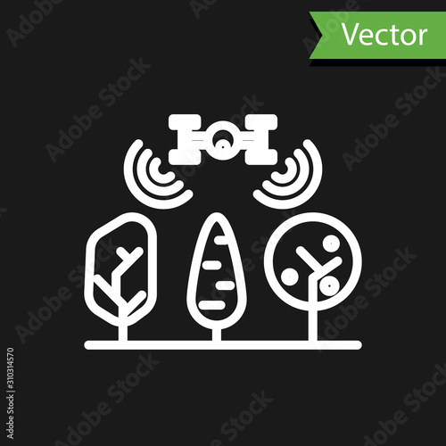 White line Smart farm with drone control and tree icon isolated on black background. Innovation technology for agricultural company. Vector Illustration