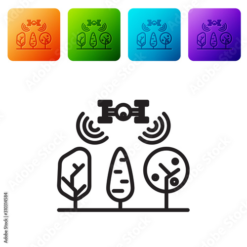 Black line Smart farm with drone control and tree icon isolated on white background. Innovation technology for agricultural company. Set icons in color square buttons. Vector Illustration