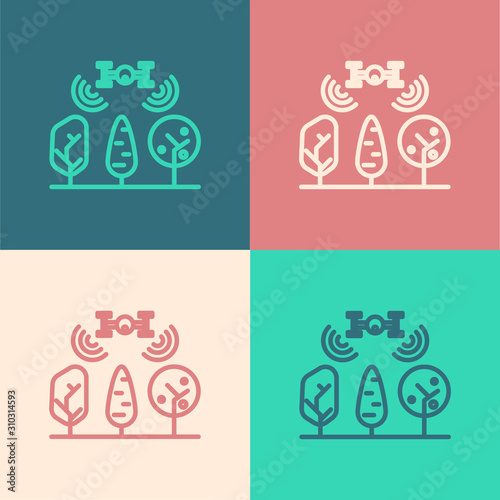 Color line Smart farm with drone control and tree icon isolated on color background. Innovation technology for agricultural company. Vector Illustration