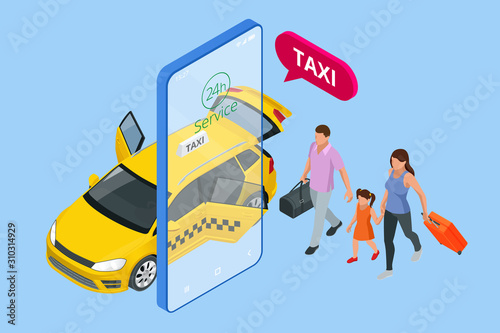 Isometric Ordering Online Taxi and Call a taxi online, mobile application concept for landing page. Street traffic, parking, city transport, GPS route point pins on smartphone and touchscreen