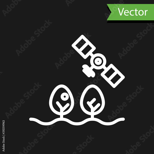 White line Smart farm with drone control and tree icon isolated on black background. Innovation technology for agricultural company. Vector Illustration