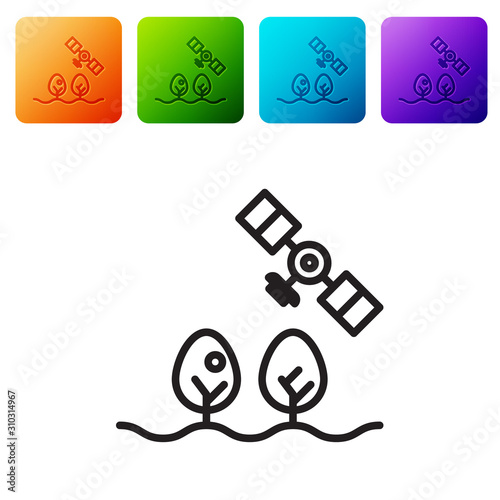 Black line Smart farm with drone control and tree icon isolated on white background. Innovation technology for agricultural company. Set icons in color square buttons. Vector Illustration