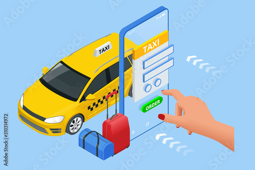 Isometric Ordering Online Taxi and Call a taxi online, mobile application concept for landing page. Street traffic, parking, city transport, GPS route point pins on smartphone and touchscreen