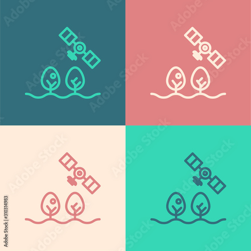 Color line Smart farm with drone control and tree icon isolated on color background. Innovation technology for agricultural company. Vector Illustration