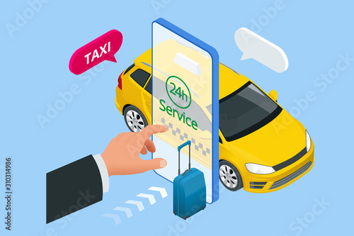 Isometric Ordering Online Taxi and Call a taxi online, mobile application concept for landing page. Street traffic, parking, city transport, GPS route point pins on smartphone and touchscreen