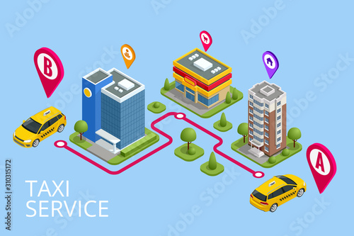 Isometric Ordering Online Taxi and Call a taxi online, mobile application concept for landing page. Street traffic, parking, city transport, GPS route point pins on smartphone and touchscreen