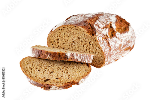 Canvas loaf of rye bread sliced isolated on white background
