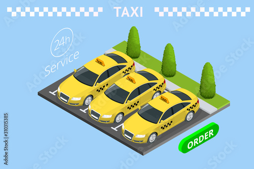 Isometric Ordering Online Taxi and Call a taxi online, mobile application concept for landing page. Street traffic, parking, city transport, GPS route point pins on smartphone and touchscreen